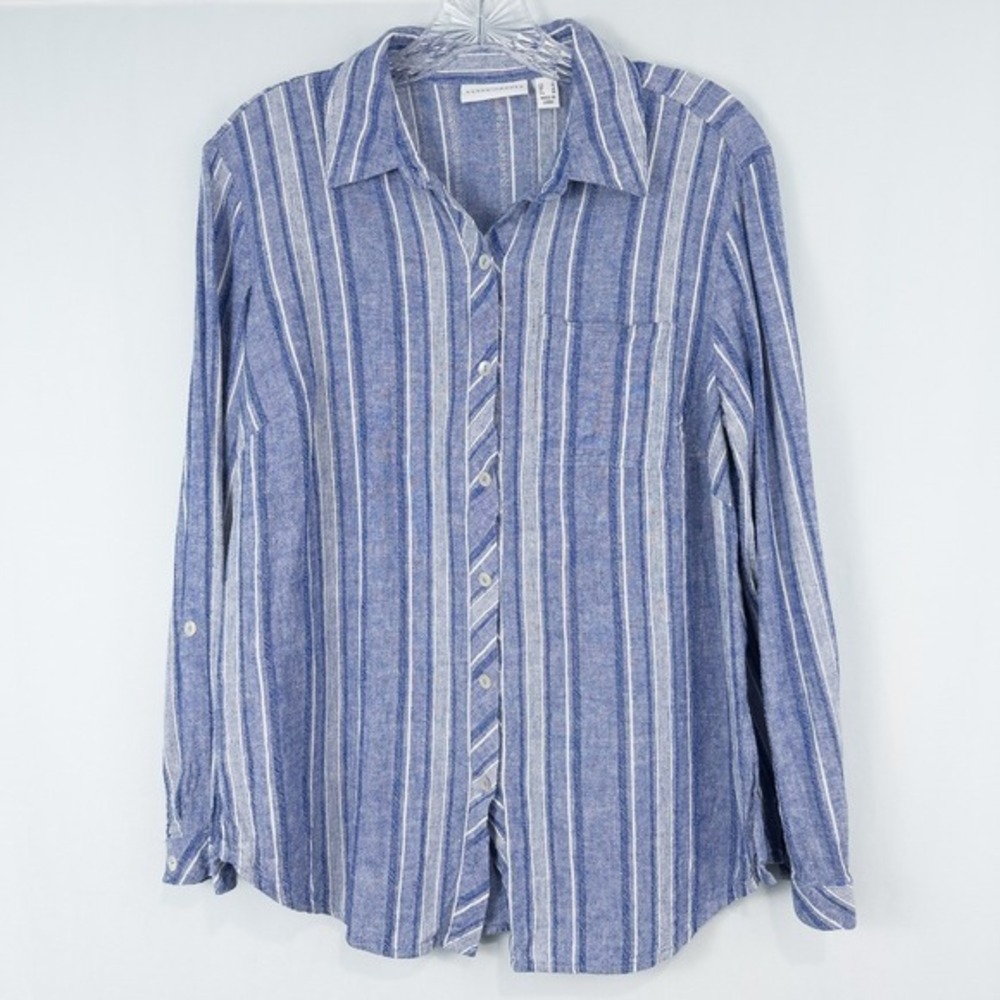 Susan Graver‎ Striped Linen Blend Button Front Shirt Small Blue Coastal Preppy